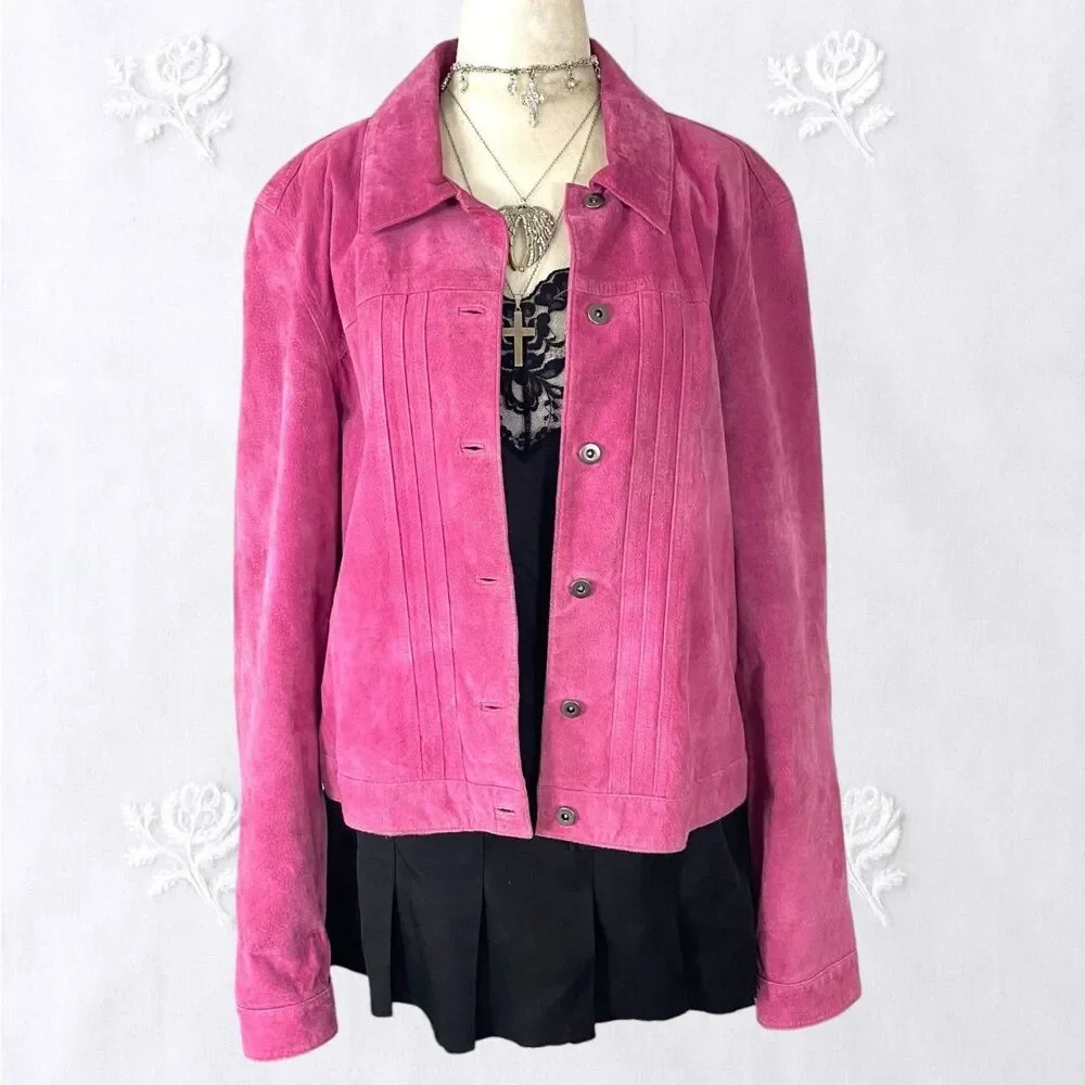 Style & Co Early 2000's Bright Pink Suede Leather Jacket Size XL - Picture 1 of 7